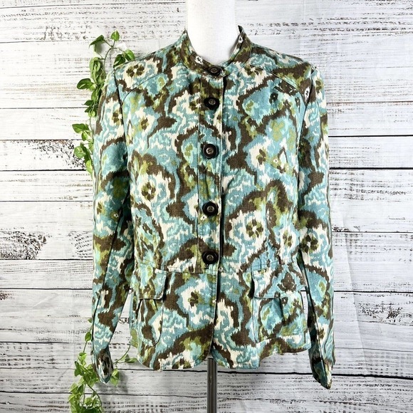 Charter Club Blazer Jacket Large Olive Green Blue Linen Floral Lagenlook Pockets - Picture 1 of 14
